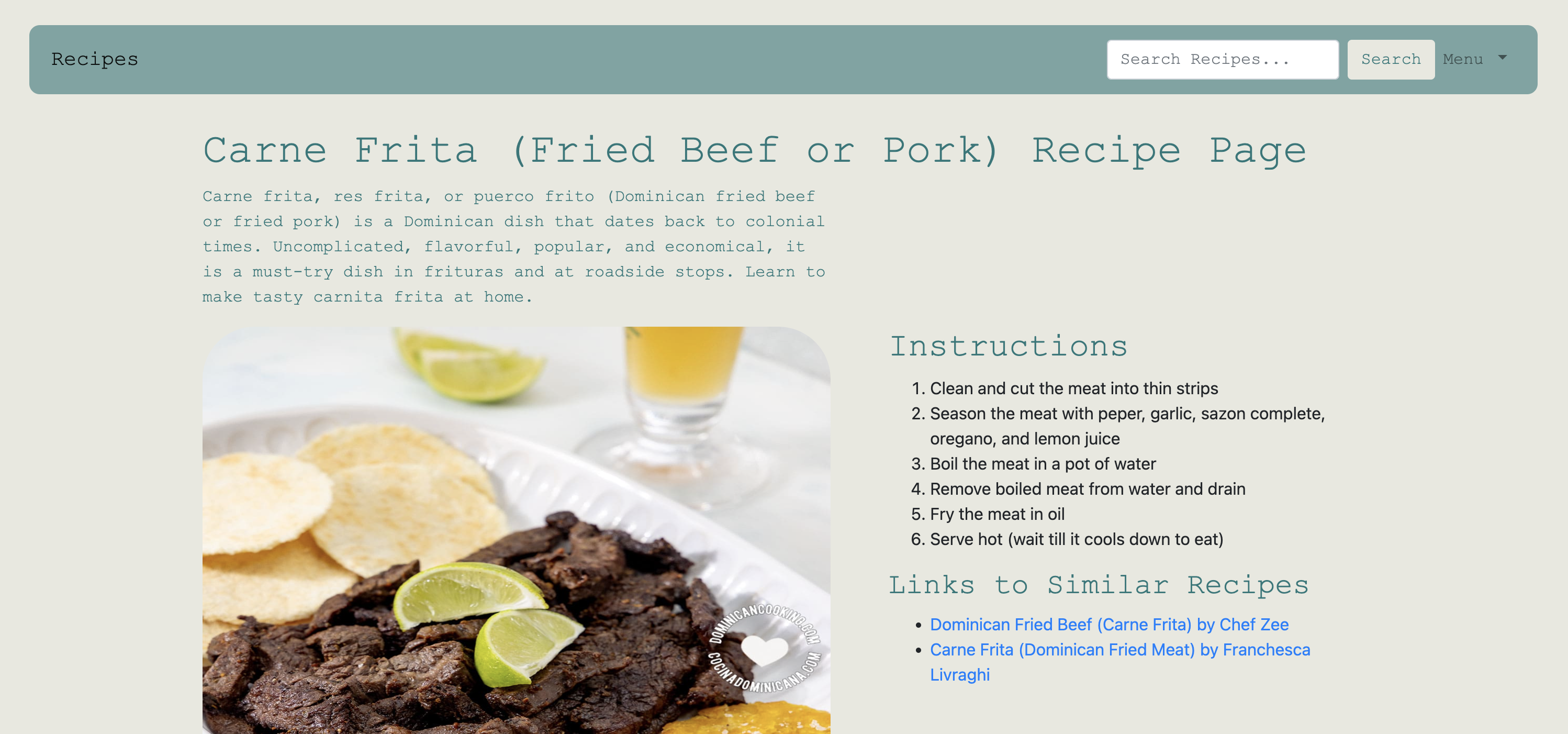 Image of Carne Frita Recipe Webpage